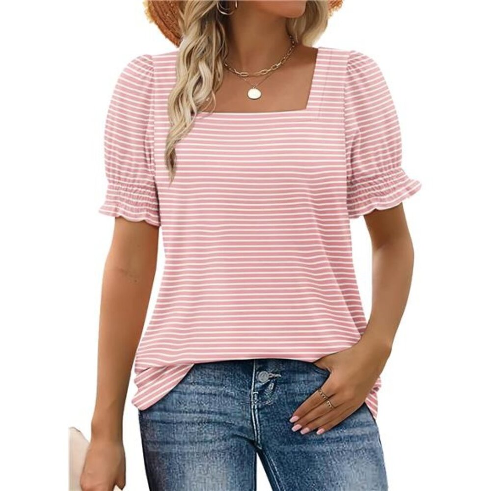 Pink Women Summer Casual Ruffle Trim Sleeve Square Neck T Shirts
